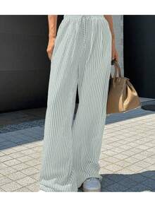 Wide Leg Striped Elastic Palazzo Pants With Pockets - Grey - View 6