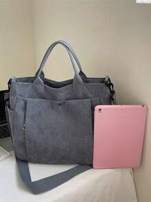 女士灯芯绒复古托特包，多口袋休闲单肩包，斜挎包，学生背包，办公手提包，大容量可折叠购物袋 - 灰色 - 查看 7