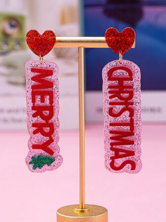 1 Pair Pink Glitter Acrylic Letter Splice Earrings, Suitable For Women To Wear On Christmas
