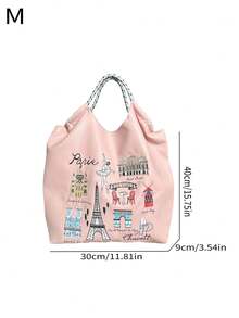 1pc Fashion Versatile Leather Embroidered Architecture Pattern Foldable Large Capacity Tote Bag, Adjustable Shoulder Strap For Daily Commute & Shopping