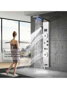Sistema de ducha LED Panel de ducha de lluvia negra Sistema de torre Sistema de cabezal de ducha de cascada montado en la pared 5 funciones Columna de ducha de masaje con ducha de mano - Níquel cepillado - Ver 2