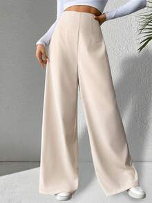 Pantalones texturizados de cintura alta y pierna ancha de color sólido para mujer, pantalones casuales y elegantes de pierna ancha, adecuados para ocasiones diarias, de aeropuerto y de brunch, se pueden usar en todas las estaciones. - Albaricoque - Ver 5