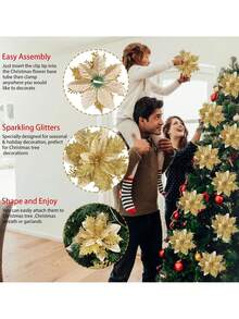 Fleur de Noël artificielle décorative rouge, scintillante, ornement pour sapin de Noël, décoration de couronne de fête d'hiver (or profond), convient pour la décoration de fête de Noël