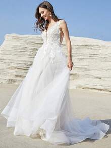 V Neck Lace Wedding Dresses With Long Train Backless Tulle Sequin Bridal Gowns For Women A-Line Formal Wedding Party Gowns Lace Up Back With Bone