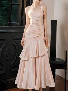 闪亮褶皱荷叶边下摆派对连衣裙，优雅珠光吊带演唱会礼服，时尚婚礼伴娘正式生日返校礼服，夏秋季 - 淺粉色 - 查看 8