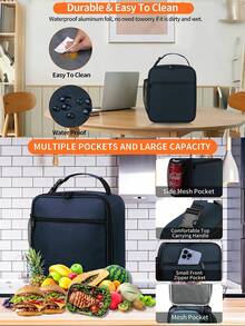 Reusable Unisex Lunch Bag - Small Insulated Lunch Box, Travel Essential, School Supplies - Navy Blue - View 6