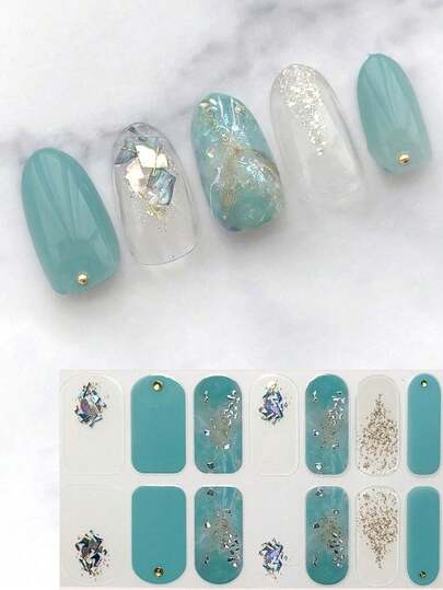 French Almond-Shaped Green 3D Shell Element Marble Texture Nail Stickers, Geometric Design Nail Art Decor