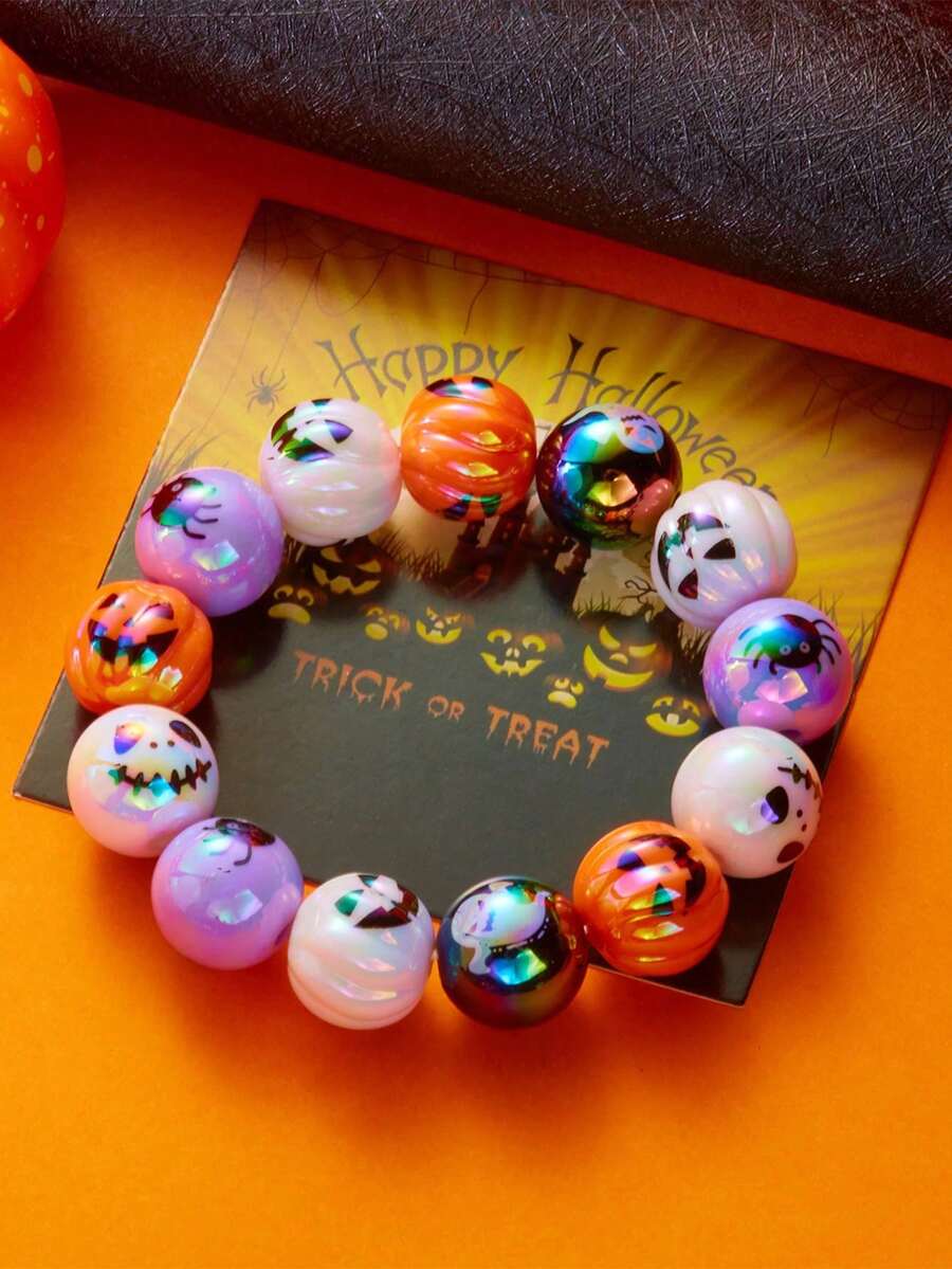 1pc Fashionable Personalized Cute & Interesting Halloween Pumpkin, Pearl, Ghost Beaded Bracelet For Women, Suitable For Women's Holiday Party Wear (Slight Color Difference And Printing Issues Are Normal, Please Do Not Order If You Mind)