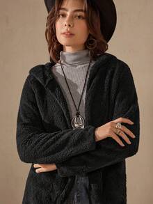 Wildy 女式休闲宽松黑色双面羊毛连帽夹克，秋冬