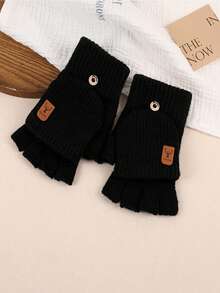 1 Pair Of Winter Warm Knitted And Plush Thick Half Flip Gloves, Touch Screen Riding Student Writing Plush Gloves - Multicolor - View 13