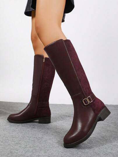 Women's New Burgundy Faux Leather & Suede Patchwork Basic Side Zipper Design Classic Round Toe Comfortable Non-Constrictive Tall Shaft Slimming Leg Flattering Thermal Lined Warm Autumn/Winter Flat Heel Versatile Fashionable Equestrian Boots, Knee-High Boots, Fall,Party