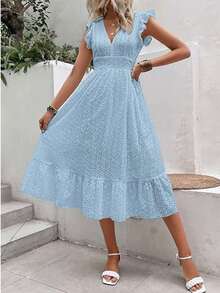 Long Beach Dress With Wrap Hem And Ruffle, Vacation Outfit For Women - Light Wash - View 7