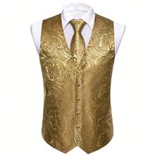 Plus Size Mens Waistcoat Gold Floral Vest Tuxedo Gilet Tie Pocket Square Cufflinks Set Wedding Formal Casual Business Party - 金色 - 查看 4