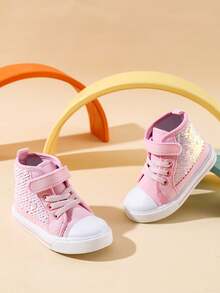 Trampki dla małych dziewczynek, wysokie, płócienne, codzienne, z błyszczącymi, zmieniającymi kolor cekinami