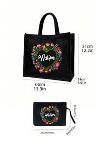 两件套，可定制姓名，彩色花环图案手提包和化妆包套装，女士亚麻大容量手提包，购物袋，便携休闲收纳手提包，适合日常出行、海滩度假，大容量购物袋，是上学、生日、大学、工作、商务、通勤、户外、旅行、节日、圣诞礼物的理想之选。 - 黑色 - 查看 9