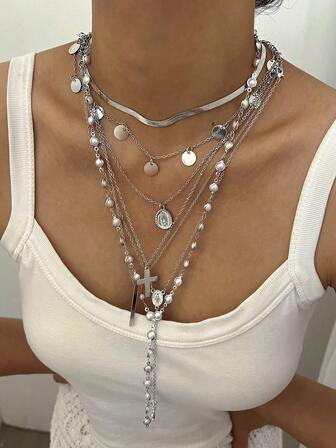 Set di collane lunghe con ciondoli vintage eleganti in metallo, con elementi multipli come perle finte, croce in cristallo, ritratto, disco rotondo, perla finta, cuore, farfalla, stella, luna e nappine, collana minimalista personalizzata in stile Y2K, adatta per donne, vacanze, feste, appuntamenti, uso quotidiano, Ognissanti, Natale, regalo di Capodanno
