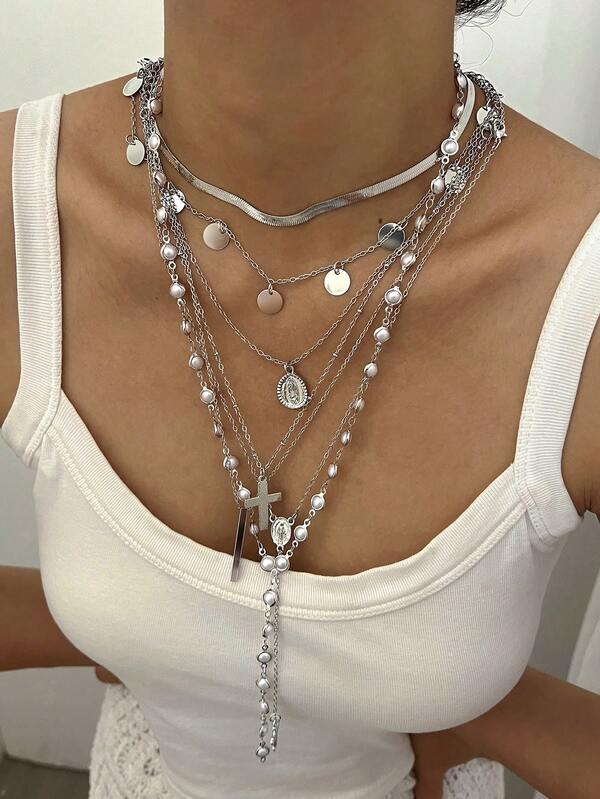 6-7 bucăți, set de colier lung cu ciucuri, stil vintage elegant, din metal, cu elemente multiple din perlă artificială, cruce de cristal, portret, disc rotund, perlă artificială, inimă, fluture, stea, lună, pandantiv, choker minimalist personalizat Y2K hip-hop stratificat, lanț pentru pulover, potrivit pentru femei, vacanță, petrecere, întâlnire, asortare zilnică, Halloween, Crăciun, bijuterii de Anul Nou, cadou