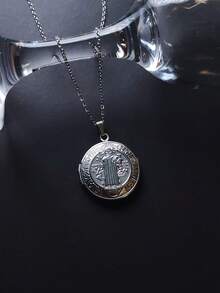 1pc Silver Openable Jesus Pendant Photo Frame Amulet Necklace, Gift To Hold Couple, Family, Pet Photos