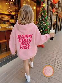 Inspirational Slogan Design, Tween Girls Casual Personalized Funny Letter Print Thick Hooded Long Sleeve Sweatshirt, Kids Autumn/Winter Hoodie