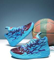 Men's Fashionable Shock-Absorbing Sports Shoes, Graffiti Teenage Basketball Shoes - Comfortable, Breathable, Non-Slip, Shock-Absorbing Sports Shoes Suitable For Training, Running And Walking (Handpainted Uneven, Camouflage Asymmetrical Pattern) - Blue and Purple - View 2