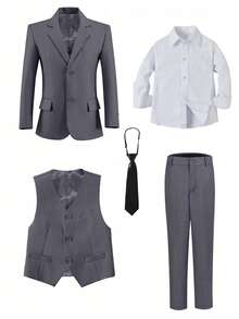 男童五件套西装，幼儿燕尾服礼服，花童服装，婚礼西装外套、马甲、裤子、衬衫、领带，适合儿童生日派对、晚宴、婚礼、洗礼和周年纪念等场合，灰色，尺码3-10岁 - 灰色 - 查看 2