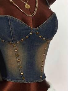 Amplova Women's Halter Neck Spaghetti Strap Backless Criss-Cross Zipper Back Casual Denim Blouse, Y2k Clothes Women - Dark Wash - View 4