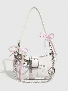 Túi xách thời trang Y2K đa năng họa tiết sao và trăng, nơ ren, túi đeo vai dây xích bạc độc đáo, hoàn hảo cho phong cách đường phố và trang phục dự tiệc của các cô gái, cũng là một món quà tuyệt vời. Túi xách nữ in họa tiết bầu trời sao màu trắng tinh khiết. - trắng - Xem 8