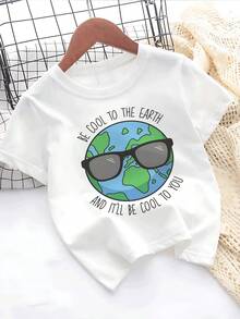 Girls' Graphic Tee Cool Earth Print  Soft Cotton Blend, Short Sleeve Top For Casual Style &  Awareness  A Fun & Fashionable Statement Piece! - 白色 - 查看 2