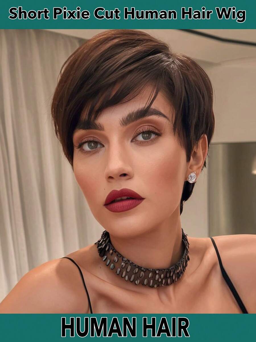 4 英寸短款精灵短发真人发假发 #4 摩卡色 150% 密度自然波浪真人发假发 自然直卷发造型假发 适合女性日常使用 - S4 - 查看 1