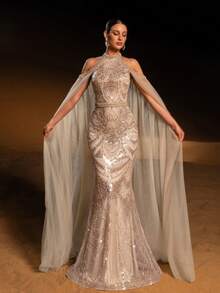 Faeriesty Haute Glamour Elegant Halter-Neck Mermaid Gown With Sheer Sleeves And Sparkly Sequin Beadwork – Fish-Scale Pattern, Long Flowing Train For Galas, Wedding Guest Attire, Upscale Parties & Red-Carpet Occasions For Women