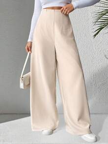 Pantalones texturizados de cintura alta y pierna ancha de color sólido para mujer, pantalones casuales y elegantes de pierna ancha, adecuados para ocasiones diarias, de aeropuerto y de brunch, se pueden usar en todas las estaciones. - Albaricoque - Ver 3