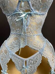 3 Pcs Women's Sexy Lingerie Set - Floral Lace Backless Nightgown With Garter Belt, Satin Bow & Ruffle Thigh Cuffs, V-Neck Bra & Thong, Seductive Bedroom Sleepwear For Valentine's Day Theme Parties, Romantic Shapewear Gift - 淺藍色 - 查看 4