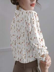 Camiseta elegante de talla grande con estampado floral y botones - Multicolor - Ver 6