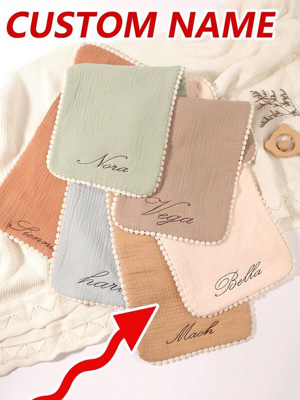 1pc Customized Embroidered Name Baby Thick Solid Color Absorbent Towel, Soft & Cute Pom Pom Trim Decoration, Great Baby Gift For Boys And Girls