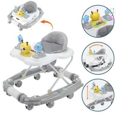 2-In-1 Foldable Baby Walker - Multifunctional Walker With 4 Adjustable Heights, Removable Feeding Tray, Silent Wheels - Baby Walkers For Boys & Girls 6 Months+