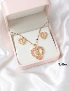 Set de 3 piezas: Collar con colgante del Corazón de la Virgen María + Pendientes de Corazón de la Virgen María brillantes y delicados, diseño hueco vintage, incrustado con circonita sintética, adecuado para bodas de mujeres, joyería católica, regalo del Día de San Valentín, Día de la Madre (los pasadores de los pendientes son fáciles de doblar pero se pueden restaurar por sí mismos) - Diamante rosa dorado - Ver 2