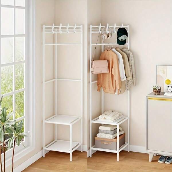 1 pieza Percha de ropa de gran resistencia - Estante de ropa autoportante que ahorra espacio con ganchos, estructura de metal resistente adecuada para dormitorio, armario, sala de estar - No requiere montaje, organizador moderno negro/blanco para ropa, ropa de cama, ahorradora de espacio en esquina, solución de almacenamiento duradera, unidad de estantería multiusos