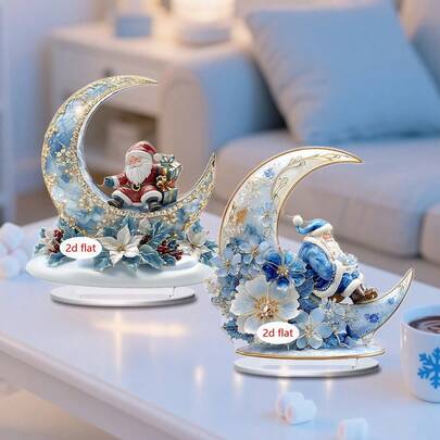 1 件圣诞桌面装饰标志，蓝色主题圣诞老人和新月设计，客厅和卧室家居装饰，办公室桌面摆件，圣诞礼物，2D 亚克力