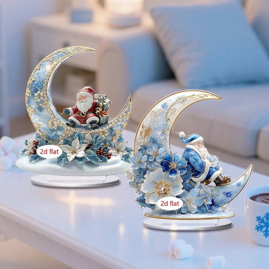 1 件圣诞桌面装饰标志，蓝色主题圣诞老人和新月设计，客厅和卧室家居装饰，办公室桌面摆件，圣诞礼物，2D 亚克力 - 彩色 - 查看 1