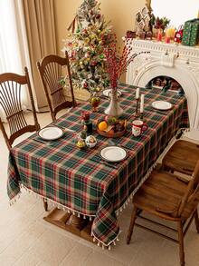 1pc Christmas Green Tablecloth, Tassel Fringe, Retro Green Plaid, Brushed Woven Fabric, Rectangular, Washable, Suitable For Coffee Table, Bedside Cabinet, Autumn/Winter Dining Table Decor, Suitable For Home, Kitchen, Party, Holiday, Christmas, New Year Decoration