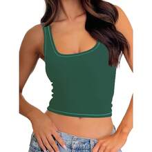 Camiseta de mujer de costilla con acolchado, top de entrenamiento de cuello cuadrado, top corto ajustado, camiseta básica de tirantes - Verde Caza - Ver 1