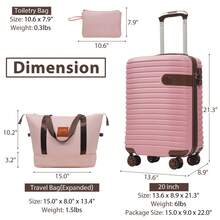 MERAX 三件套行李箱，尺寸22x14x9英寸，符合航空公司标准，轻便硬壳ABS材质，带轮，20英寸，粉色。这款行李箱为拉杆箱、万向轮箱，是旅行的理想之选。它既是旅行必备品，也适合男士、女士、度假、商务出行，容量大，并包含旅行配件、旅行收纳用品等。 - 粉色 - 查看 2