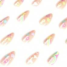 Wearable Medium And Long Rainbow Flower Yellow Star White Cloud Pointed Nail Sticker With Jelly Glue And Nail File - 彩色 - 查看 5