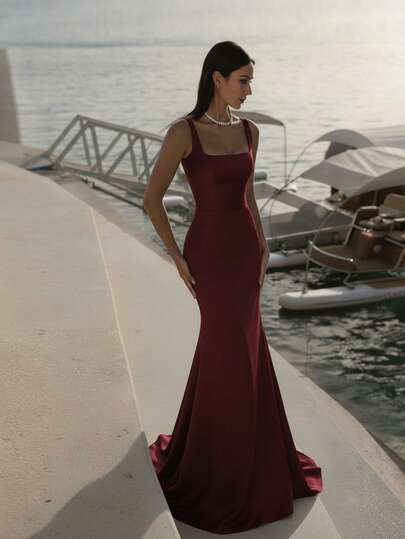 Basrey 酒红色吊带高腰修身露背伴娘礼服，美人鱼长裙，适合婚礼、单身派对、度假、晚宴、新娘、白色礼服