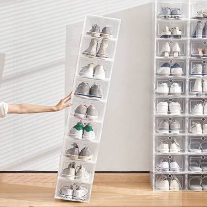 6/12 Pieces Transparent Shoe Box Stackable Shoe Storage Box Dustproof Shoe Box Suitable For Sports Shoes, Leather Shoes, High Heels, Canvas Shoes, Slippers, Can Be Placed Behind The Door Under The Bed Shoe Rack