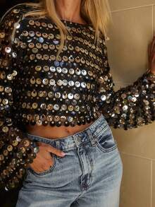 Womens Long Sleeve Sequined Tops Loose Fit Stylish Sparkly Crew Neck Long Flared Sleeve T-Shirt