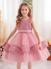 女孩粉色蝴蝶结亮片圣诞派对薄纱连衣裙，公主裙适合生日派对、晚会、婚礼花童、节日庆典