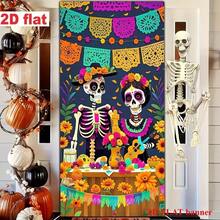 Bandera de fiesta en 2D, material de poliéster, diseño de calavera temática del Día de los Muertos mexicano para colgar en el marco de la puerta, adecuado para decoración de fiestas, arreglo de habitaciones y porches, sin necesidad de electricidad