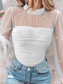 ChicMe Women's Pearl Decor Turtleneck Lantern Sleeve Sheer Mesh Patchwork Fitted Textured Top, Fashionable & Elegant For Everyday Wear - White - View 5
