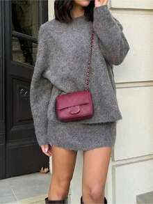 女士灰色针织毛衣和迷你裙套装，时尚圆领长袖，圣诞新年